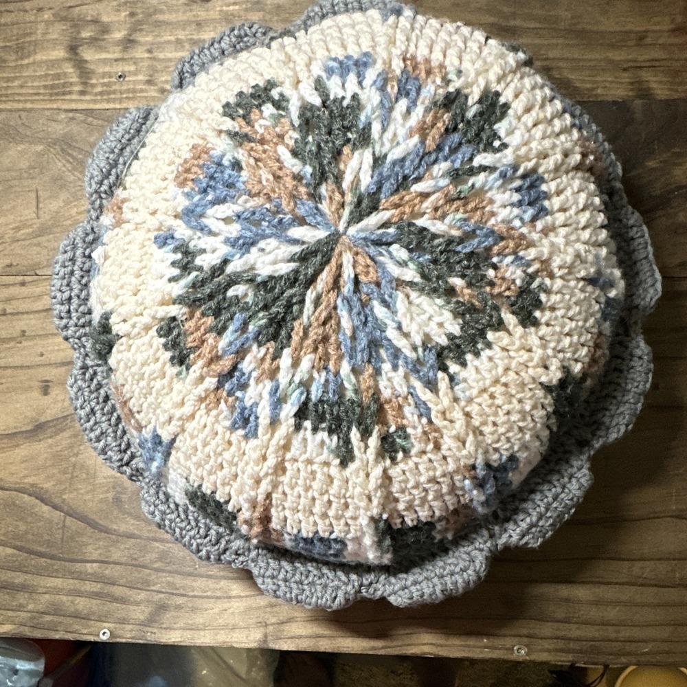 Crocheted Decorative Pillow 16 in Purple & White Boho Textured